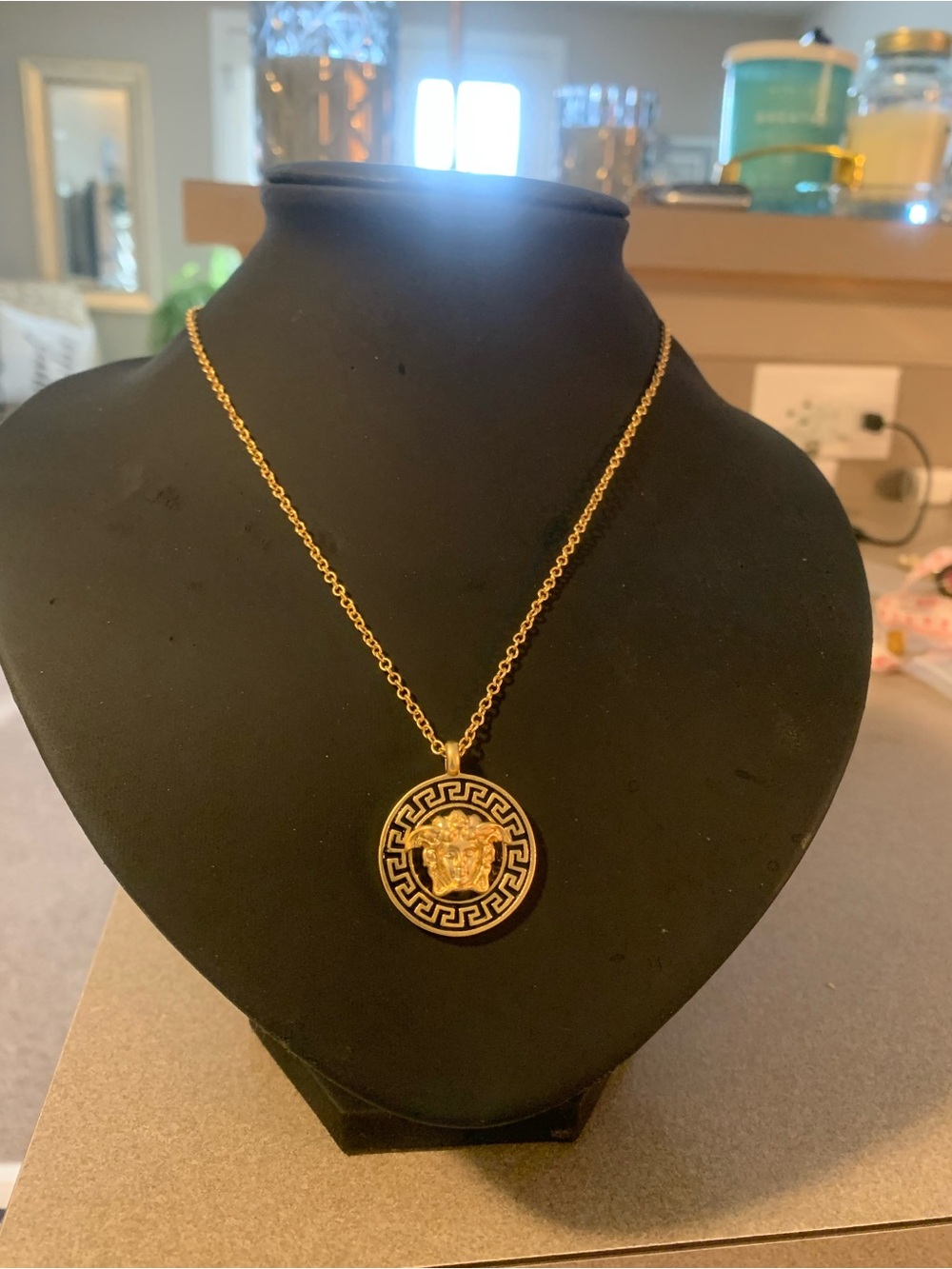 Gold Medallion Pendant Necklace with Black Enamel 30 cm